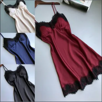 

Sexy Lingerie Women Pajamas Fashion Stain Silk Lace Sleeveless Backless Robe Dress Babydoll Nightdress Solid Nightgown Sleepwear