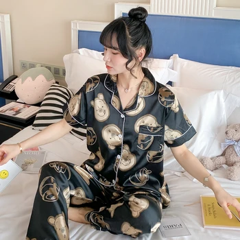 

Cartoon Silk Pajama Sets For Women ins Hot Sale 2 Pcs Short Sleeve Long Trousers Pyjamas Loose Comfort Female Night Sleepwear
