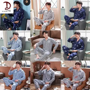 

Men's Pajamas Long-Sleeved Cotton Spring and Autumn Cardigan Pajamas Men's plus Size Middle-Aged Homewear Suit Men's Youth