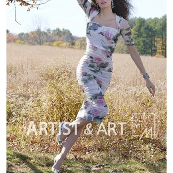 

Svoryxiu Runway Custom Summer Rose Flower Print Series Ruched Bodycon Mesh Package Buttocks Sexy Dresses Women's