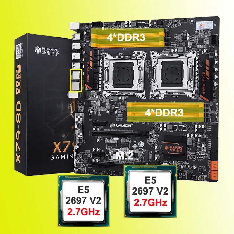 Best Price HUANANZHI motherboard bundle dual CPU Xeon E5 2697 V2 discount dual X79 motherboard with dual giga LAN ports M.2 NVMe SSD slot
