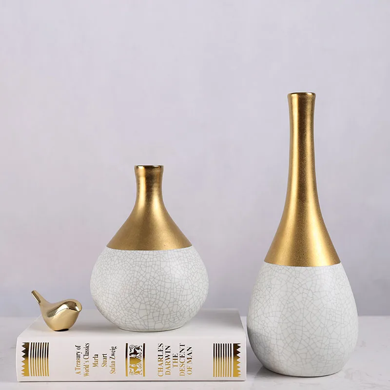 

Creativity Cracked Texture Ceramic Vase Chinese Modern Golden Stroke Small Mouth Vases Office Meeting Room Desktop Decoration