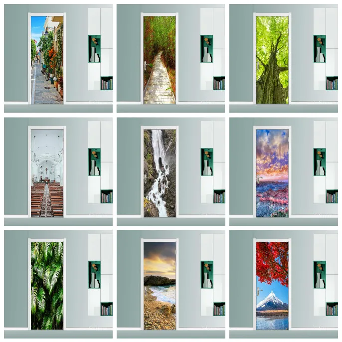 

Door Sticker Natural Scenery Waterfall Flower Art 3D Wallpaper Self-Adhesive Vinyl Decal Landscape for Home Decoration Poster