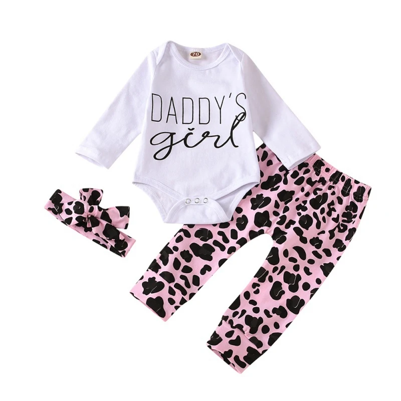 

3 Pcs/set Autumn Baby Girl Long Sleeve Letters Romper Tops + Leopard Print Pant + Headband Outfits Clothes Set
