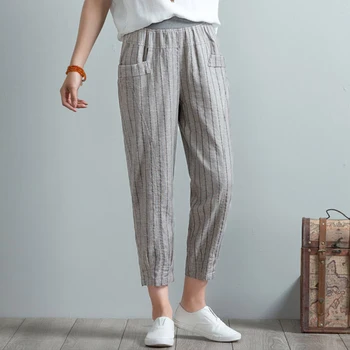 

2020 Women Spring Summer Pant Plus Size Ankle Length Striped Elastics Waist Solid Trousers Two Pockets Long Pencil Pants