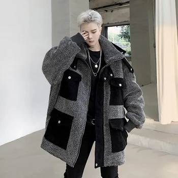 

Winter dark corduroy multi-pocket patchwork loose-fitting cotton-padded jacket for male lamb