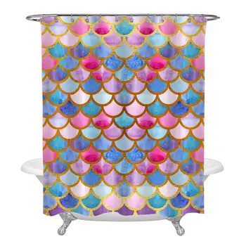 

Colorful Mermaid Scale Shower Curtain Animal Theme Decorations, Bright Summer Pattern with Glitter Fish Scales Watercolor