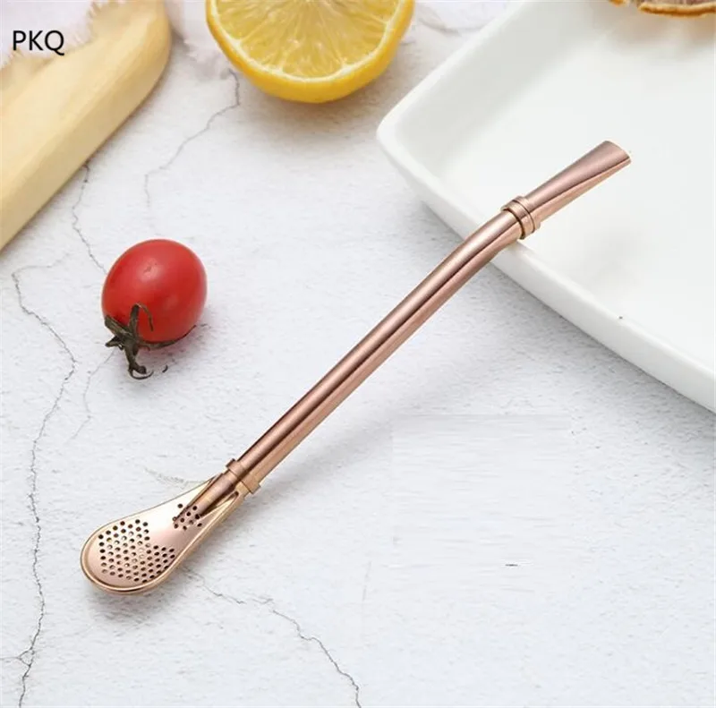 rose gold Нержавеющая сталь питьевой соломы ложка Чайный фильтр Yerba мате трубочки для чая Bombilla Тыква многоразовые чайные инструменты моющиеся бар аксессуары - Цвет: rose gold