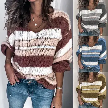 

Winter Sweater Women V-Neck Minimalist Top Fashionable Knitting Casual Loose colorblocking Sweater