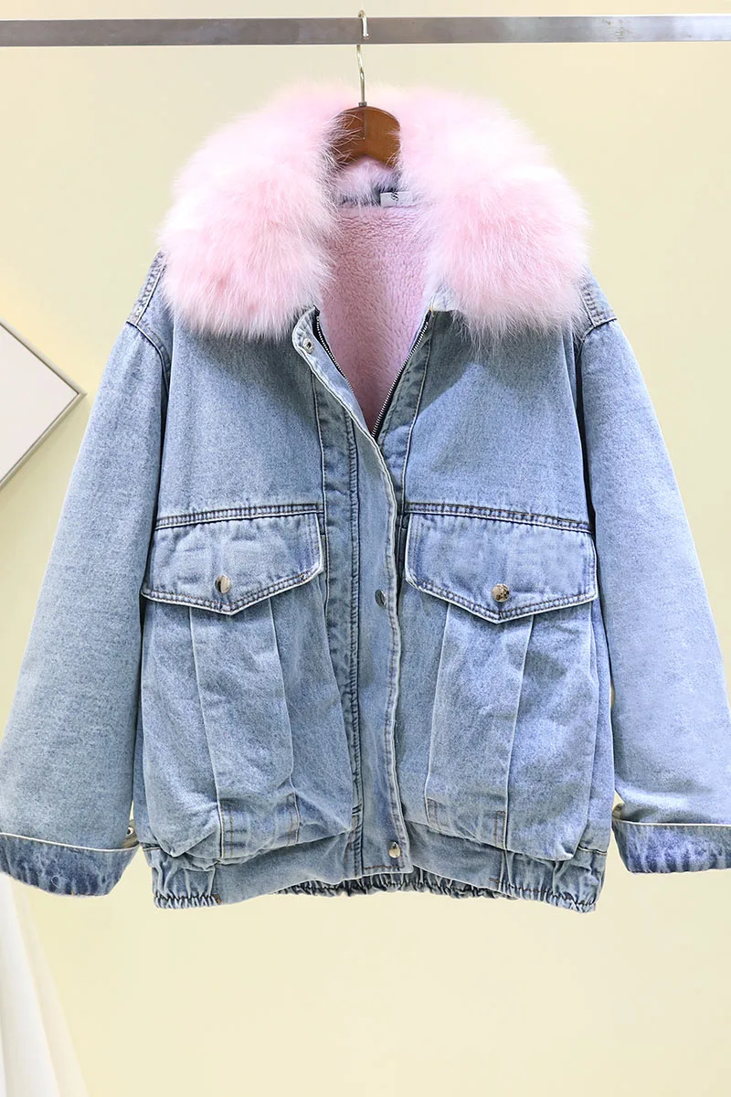 winter new plus velvet thickening lamb hair really fox big fur collar warm denim jacket female