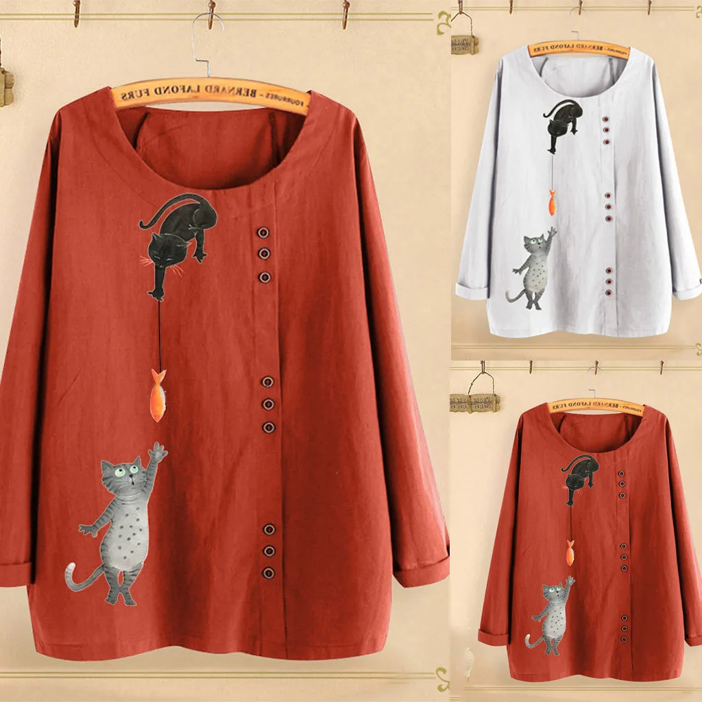 Blusas mujer de moda размера плюс женская хлопковая Льняная блуза с длинными рукавами и круглым вырезом с цветочным принтом