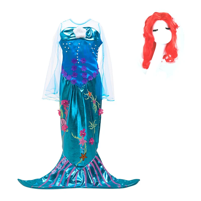Girls Mermaid Ariel Dress Kids Christmas Carnival Fancy Costume Children Birthday Party Cosplay Clothes and Wig Accessories | Детская