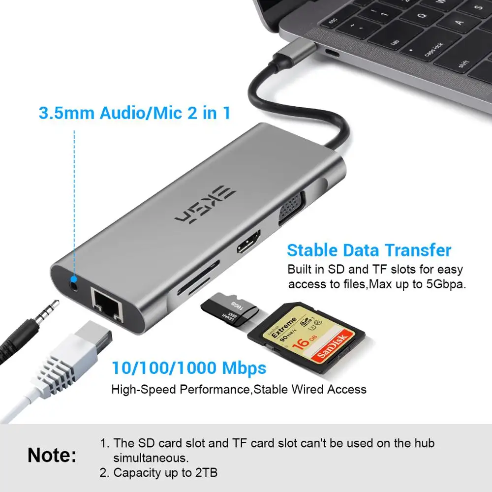 EKSA 11 в 1 USB C концентратор type C концентратор для нескольких USB 3,0 HMDI RJ45 VGA 3,5 мм разъем PD Зарядка для Macbook samsung S8/Note8 USB C