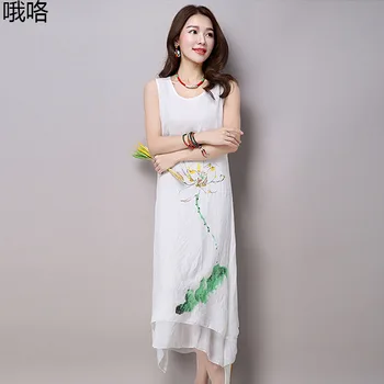

2020 Summer Hand-Painted Ink Printed Dress Retro Cotton Linen Fake Two Pieces Dresses Plus Size Loose Leisure Ladies long Dress