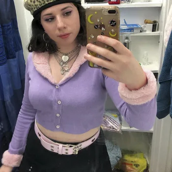 

2019 Autumn Cropped Cardigan Jacket Women Faux Fur Patchwork Collar And Cuffs Single-Breasted Womens Jackets And Coats