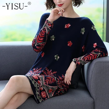 

YISU Printed sweater dress 2019 Autumn Winter New Long sleeve Slash neck Straight dress Petal print pattern Knit Dress Women