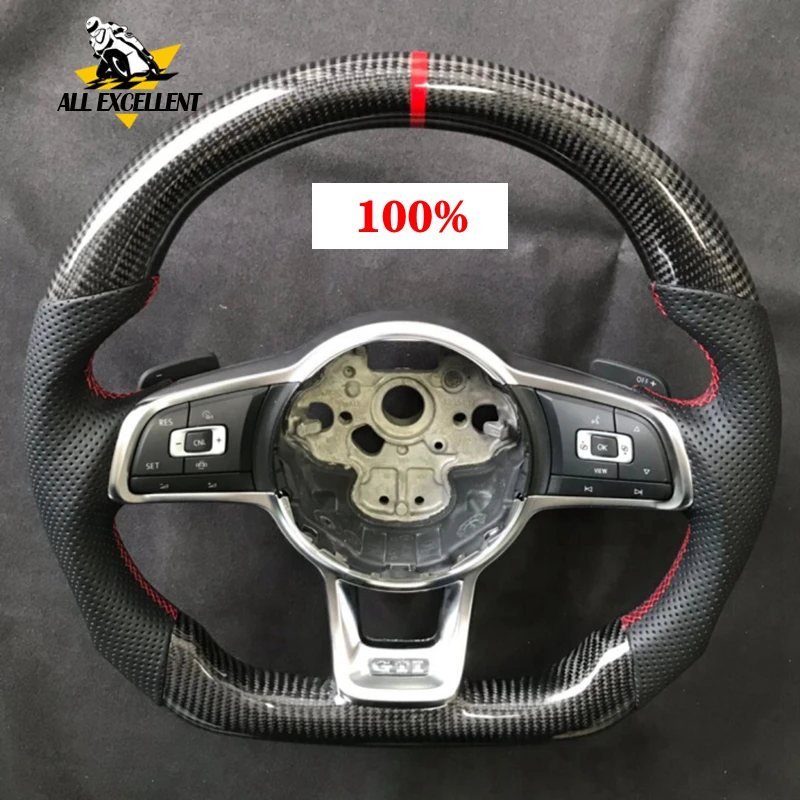 Перфорированная кожа из углеродного волокна для руля VW Golf MK7/MK7.5 GTI/R, с рамкой и кнопками на кнопках Перфорированная кожа из углеродного волокна для руля VW Golf MK7/MK7.5 GTI/R, с рамкой и кнопками на кнопках