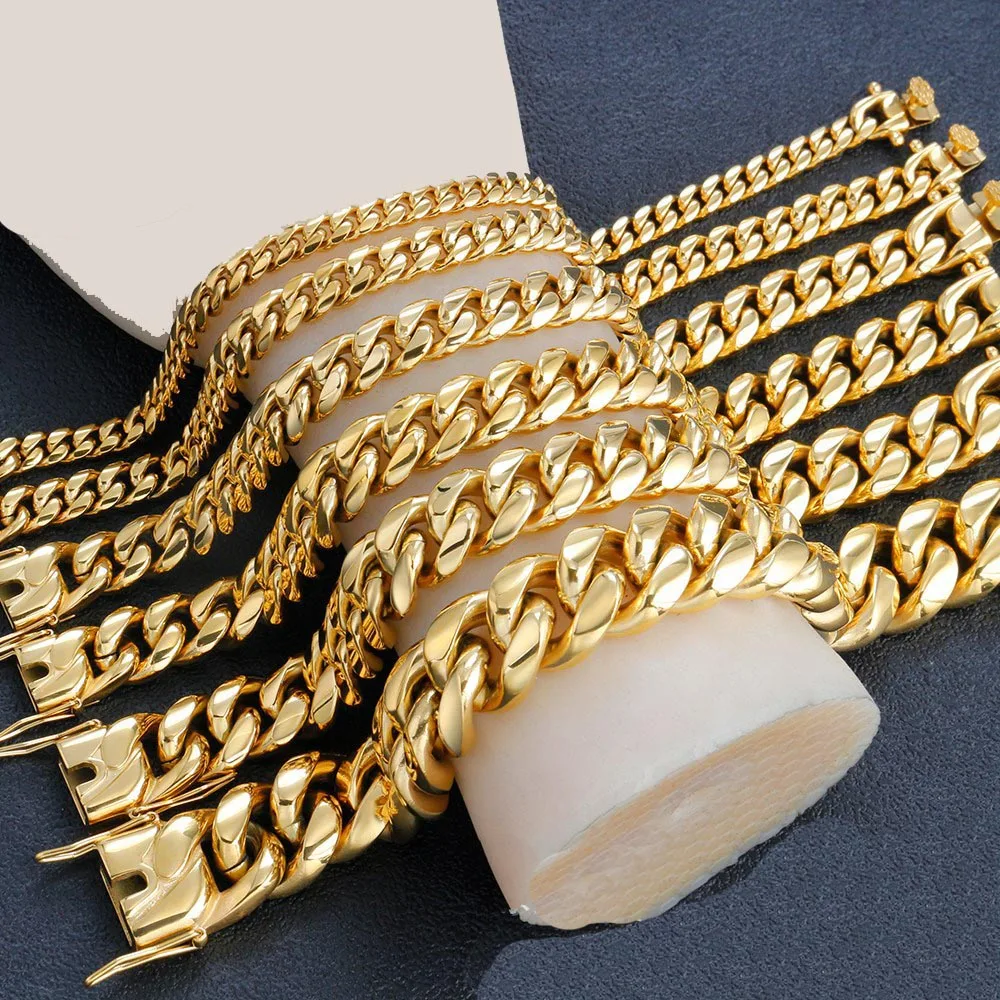 Acciaio Inossidabile Miami Curb Cuban Chain Link Bracciale Dragon Clasp Lock Bangle Hip Hop Rapper 18K Placcato Oro Donna Uomo Gioielli