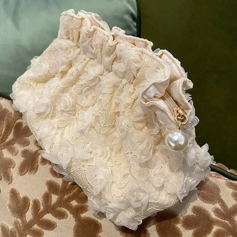 Light Luxury Lace Women's Hand Bag Embroidered Three-dimensional Flower Gauze Makeup Bag Portable Out Party Fashion Storage Bag