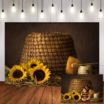 

Sunflower Photography Backdrop Sleepy Cute Baby in Bee Resting Against an Antique Beehive Birthday Party Studio Photo Prop