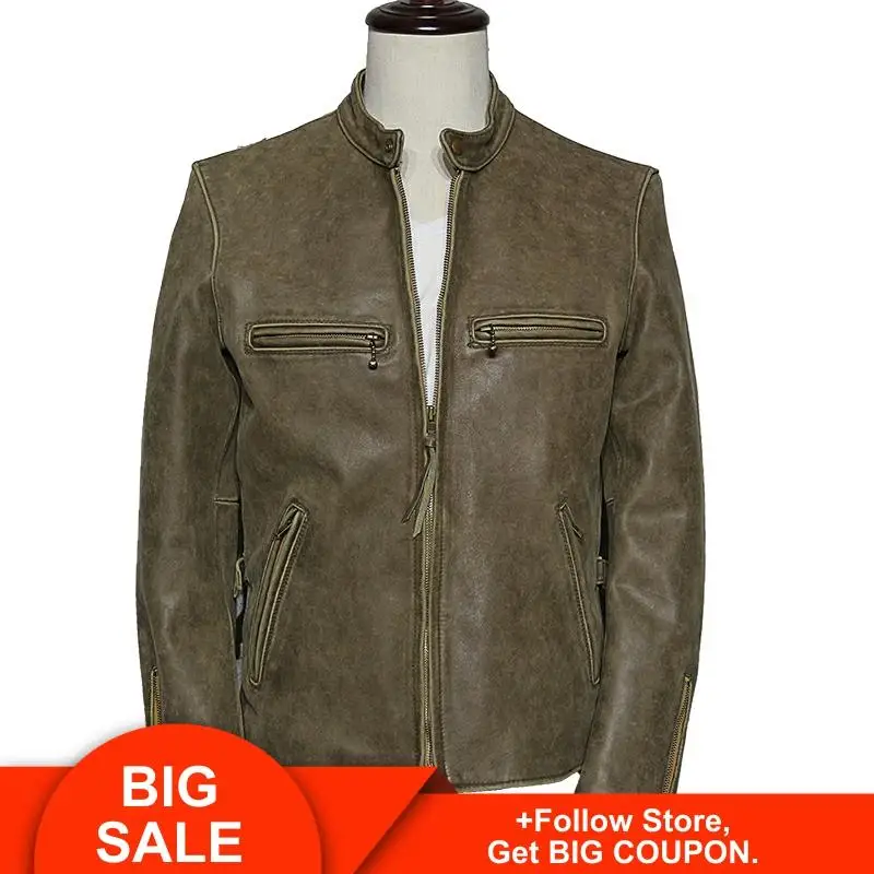 

2020 Vintage Brown Men American Style Biker's Leather Jacket Plus Size XXXL Genuine Horsehide Spring Slim Fit J100 Biker's Coat
