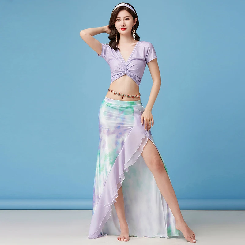 

Women Dance Clothes Tie-dyed Belly Dance Costume Set 2pcs Top and Skirt with Ruffle Gilrs Practice Suit