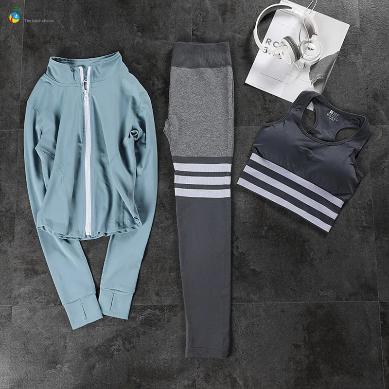 blue grey 3 pcs Градиент Йога набор градиентных Спортивная дышащая спортивная одежда Running, Фитнес Костюмы Для Женщин Тренажерный Зал Леггинсы тренировочная одежда 3 шт./компл - Цвет: blue grey 3 pcs