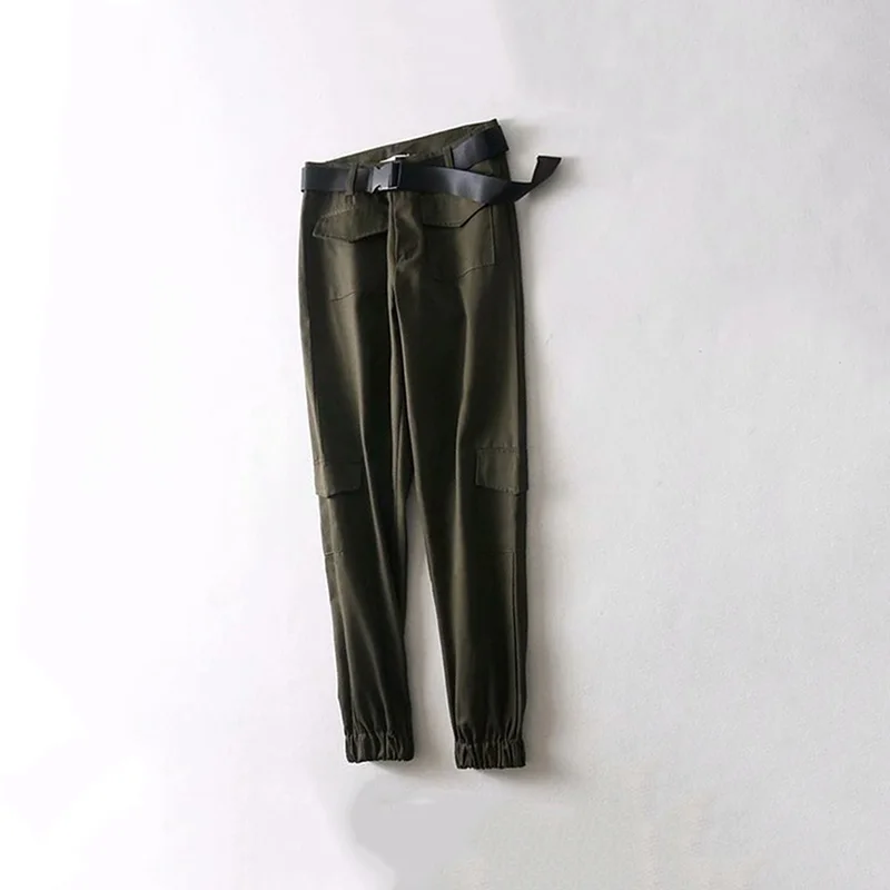 Женские модные черные брюки карго с высокой талией и карманами, дышащие обтягивающие брюки для бега, свободные уличные корейские женские брюки - Цвет: Army Green