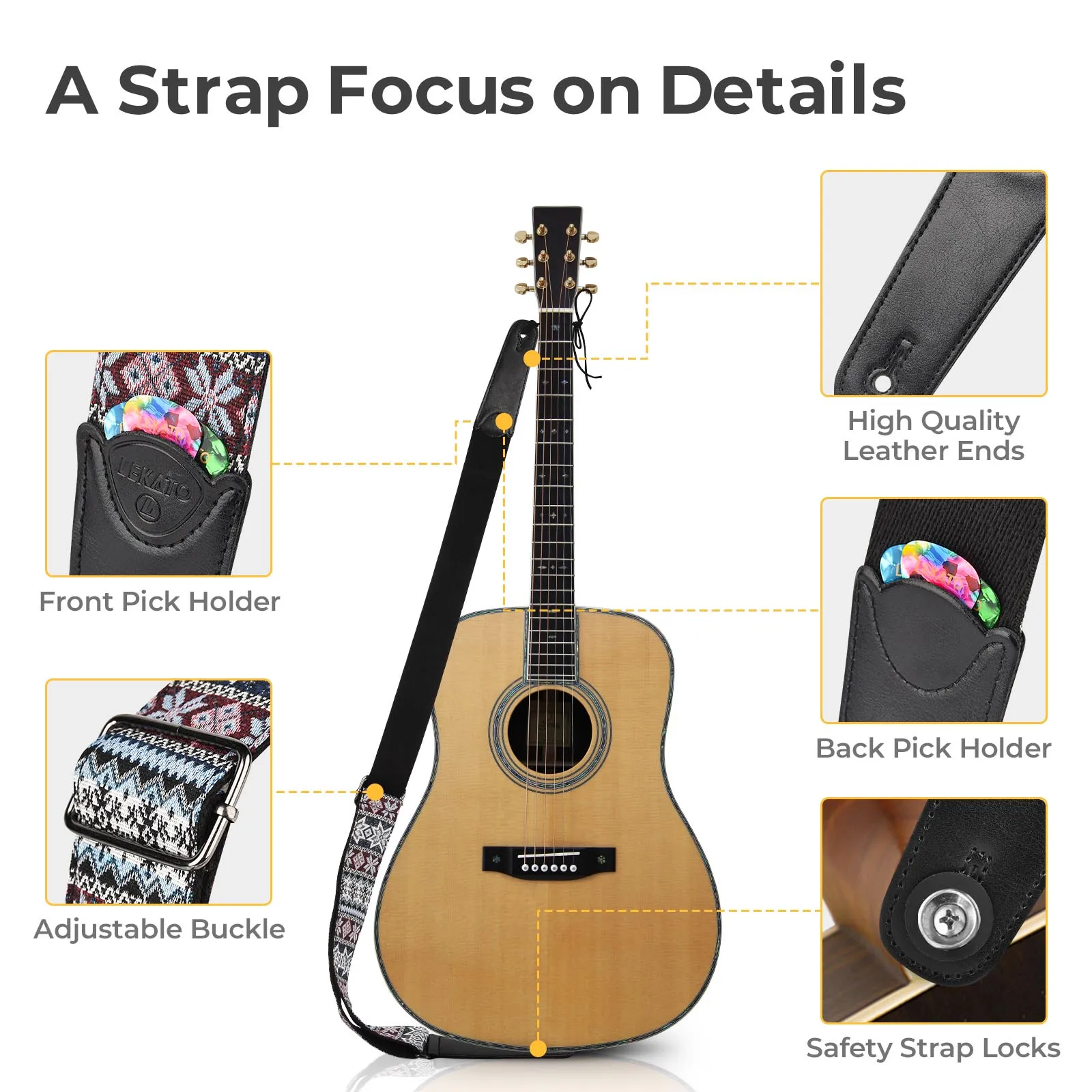 LEKATO Bass/Acoustic/Electric Guitar Strap Embroidery Bohemian