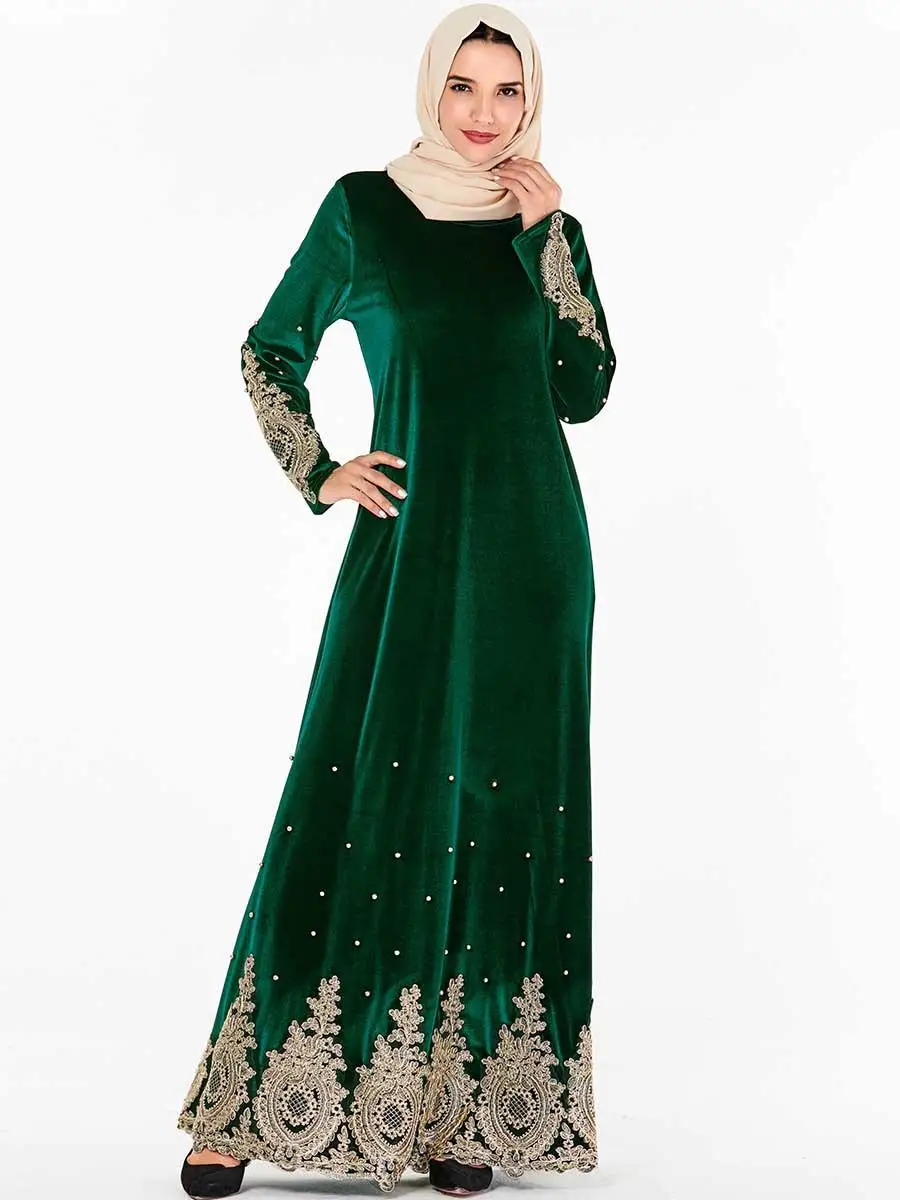 Мусульманские нашивки женские теплые бархатные абайя, кафтан Длинное Макси платье Коктейльные халаты осень зима платье Рамадан арабское платье