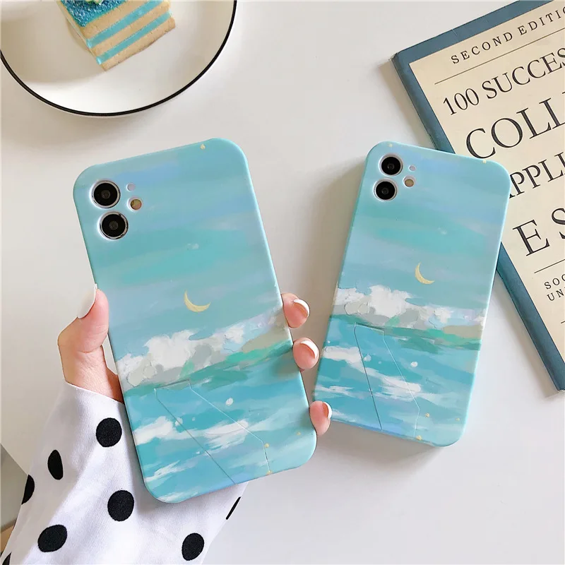

Blue sky moon painting phone case for iphone 11 11Pro XR X XS Max 7 8 Plus SE 2020 invisible stand holder protective phone Case