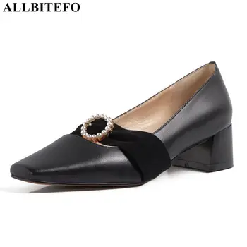 

ALLBITEFO retro rhinestone genuine leather thick heels wedding women shoes brand high heels office ladies shoes women heels