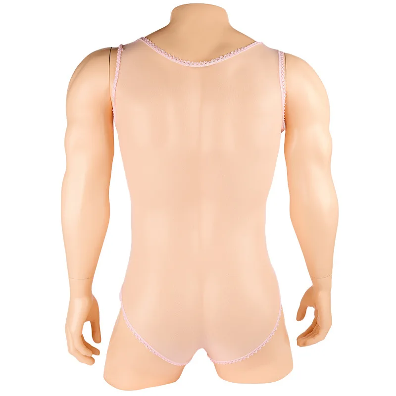 Sexy Men Sheer Mesh Sissy Penis Sheath Teddy Bodysuit Bodystocking French Cut Cross Dressing Lingerie
