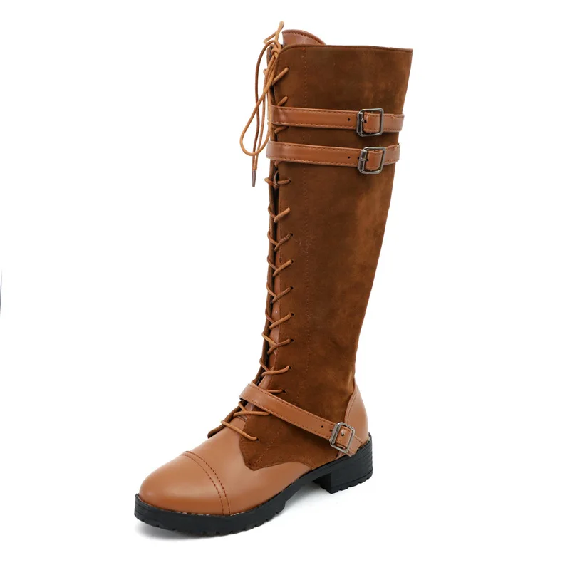 Botas mujer invierno/ г. Осенне-зимние рыцарские сапоги с круглым носком высокие сапоги до колена с перекрестными ремешками на квадратном каблуке; большие размеры 43