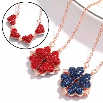 

Titanium Steel Rhinestone Double Heart Shaped Red Blue Clover Necklace Women Gift With Adjustable Pendant Creativity Design