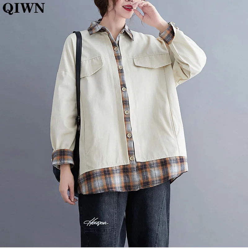 

Vintage Fake Two Piece Thin Coats Womens Jackets 2020 Autumn Winter Long Sleeve Plaid Splice Cardigan Jacket Outerwear Chic Tops