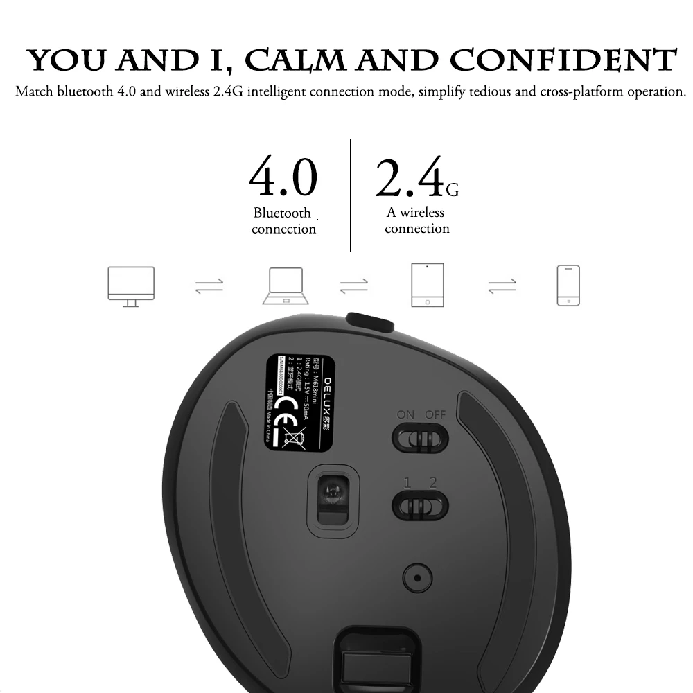 Delux M618 Mini Wireless Bluetooth Silent Vertical Computer Mouse 2400 DPI 6 Buttons Gaming Optical USB 3