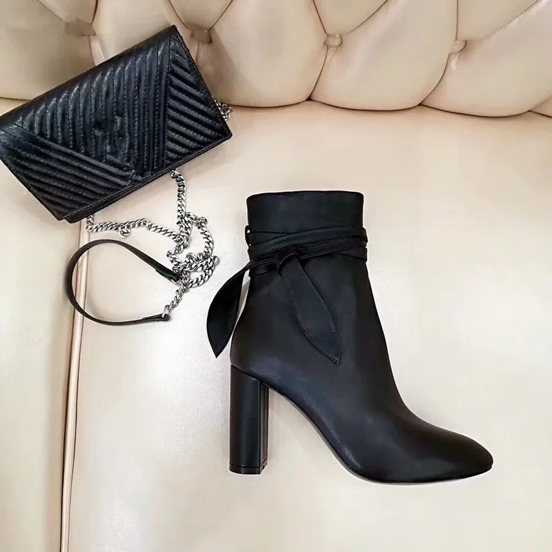 

Fashion Women's Non-slip Bow Square Heels Booties Zipper Solid Color Short Booties Square Shoes