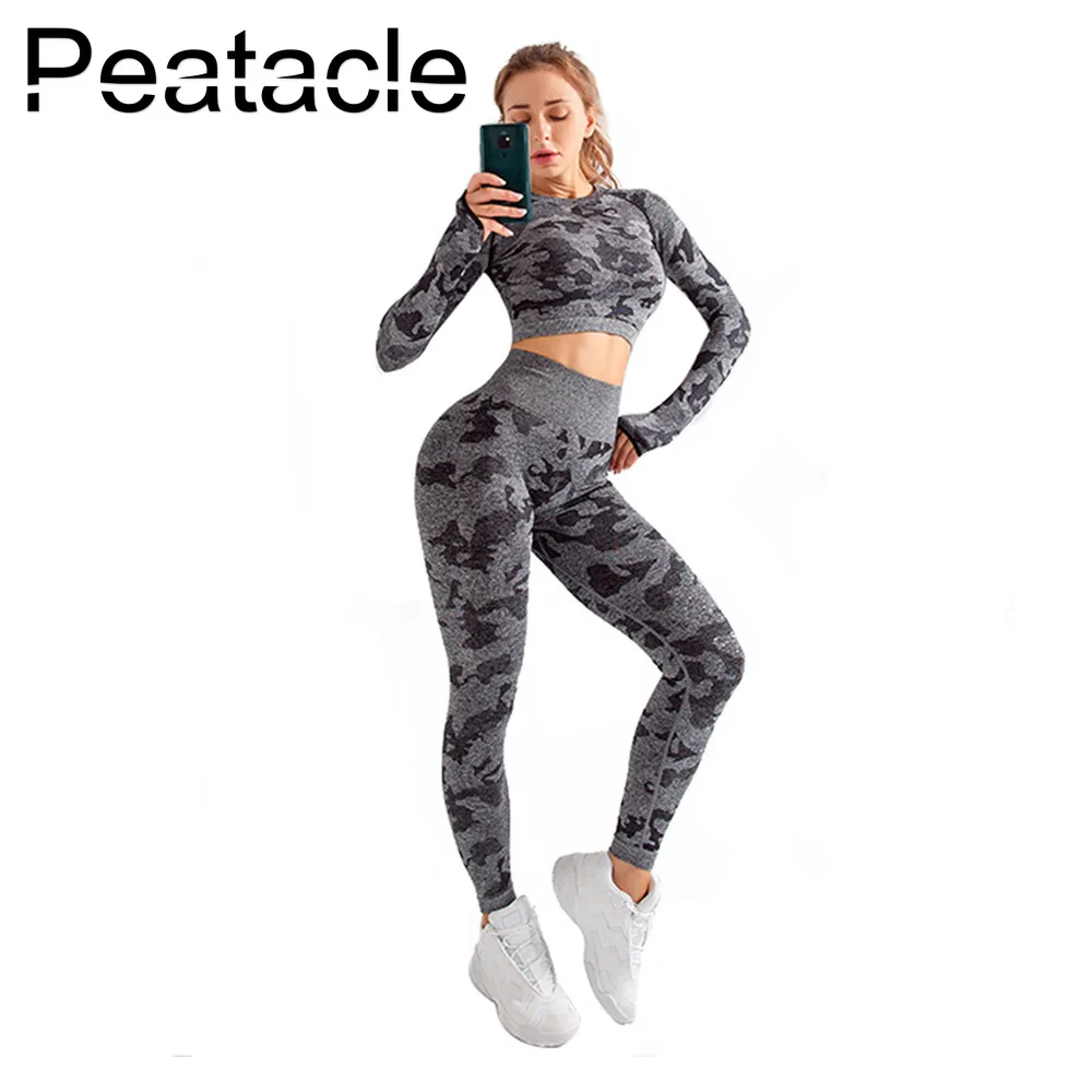 Peatacle, Женский Камуфляжный бесшовный комплект для йоги, спортивные костюмы, леггинсы для спортзала, укороченный топ, 2 шт., одежда для фитнеса, женская спортивная одежда, комплекты для тренировок
