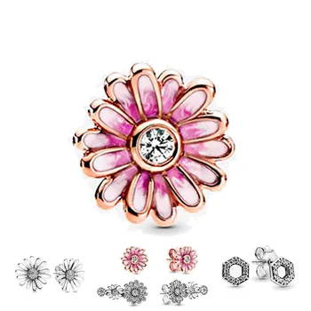 

2020 New Genuine 925 Sterling Silver Pink Daisy Flower Stud Earrings for Women Fashion Engagement Anniversary Jewelry gift