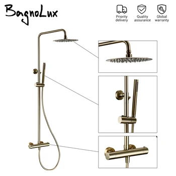 

Thermostat Shower Mixer Valve Set Bathroom Thermostatic Faucet Wall Mount Shower Arm Diverter With Handheld Spray & Rain Head