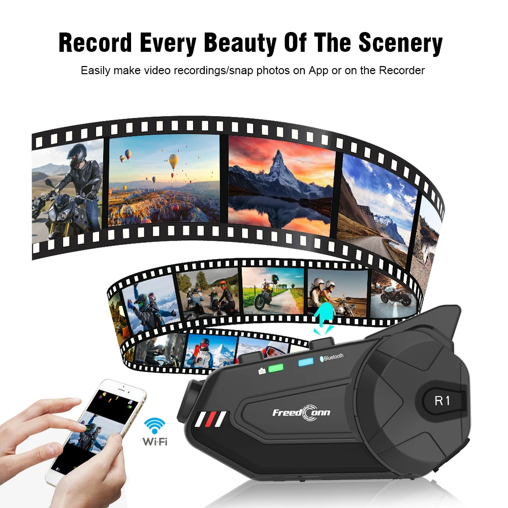 US $109.99 FreedConn R1 Plus Motorcycle 1000M 6 Riders Bluetooth Group Intercom Helmet Headset Headphone WiFi Video Recorder Ear Interphone
