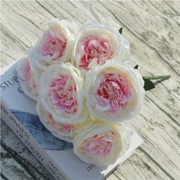 

10Pcs Fake Round Rose (7 heads/bunch) 16.93" Length Simulation Camellia for Wedding Home Decorative Artificial Flowers
