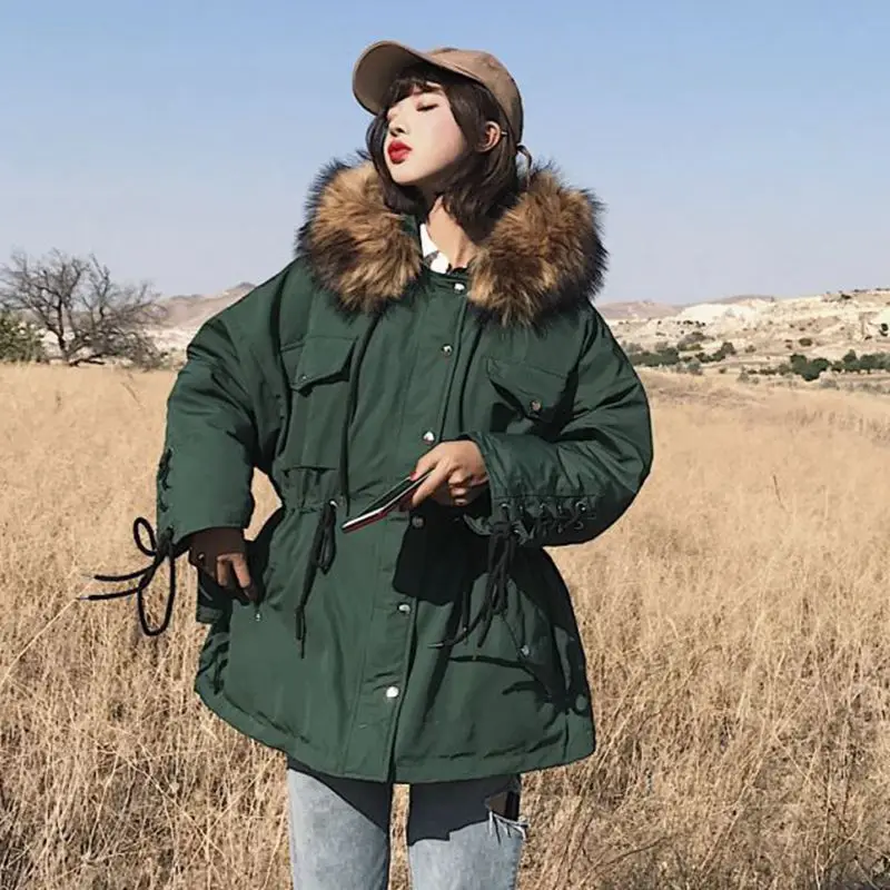 

Photo Shoot in Sweet Cross Straps Bat Sleeve Workwear Cotton-padded Clothes Women's Korean-style Hooded Large Fur Collar Waist H