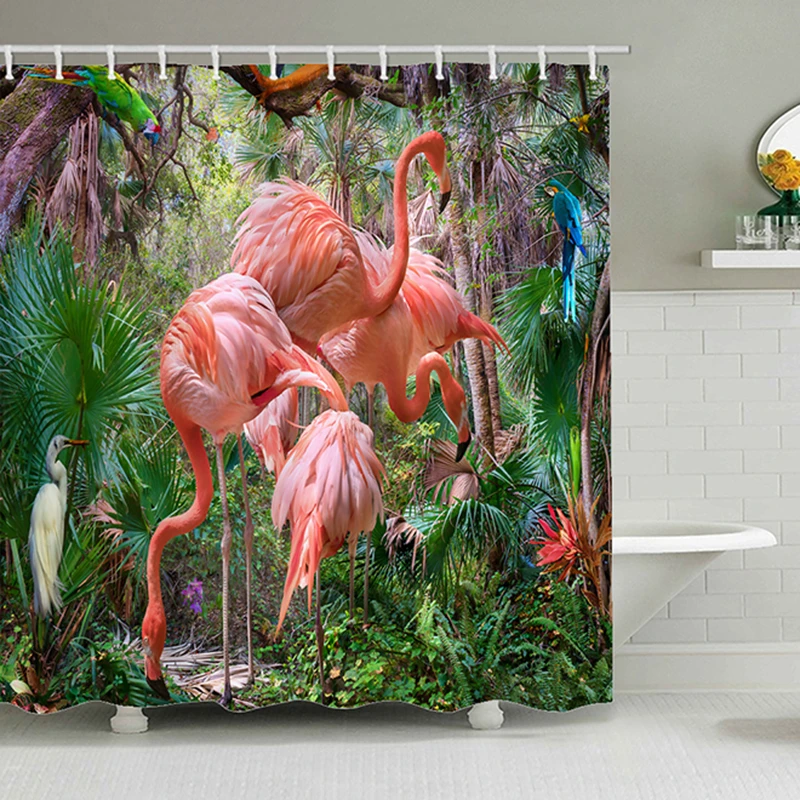 Flamingo Bathroom Curtain Tropical Animal Frabic Bath Curtain With
