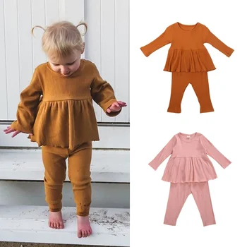 

2pcs Set Toddler Sleepwear Baby Clothes Newborn Knitted Ruffles Top Sweater+Pants Trouser Kids Infant Breathable Outfits