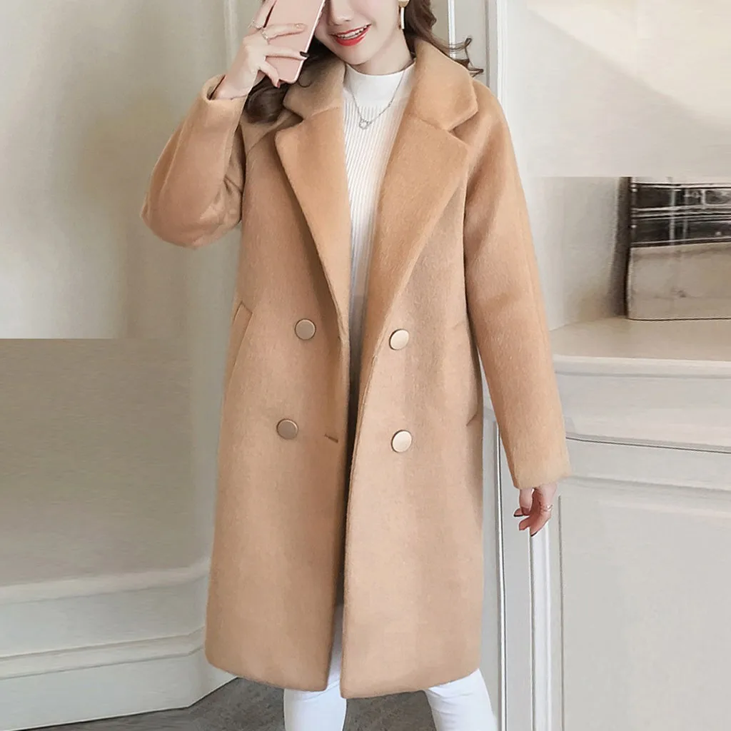 Women Wool Coats Vintage Winter Solid Color Work Office Blends Coats Long Sleeve Button Woolen Jacket Coat Ladies Oversize Coats