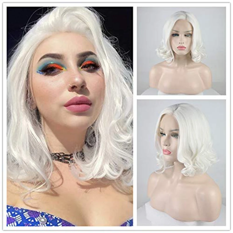 

DLME Short White Blonde Synthetic Lace Front Wigs Heat Resistant Hair White Bob Wavy Wig For Women
