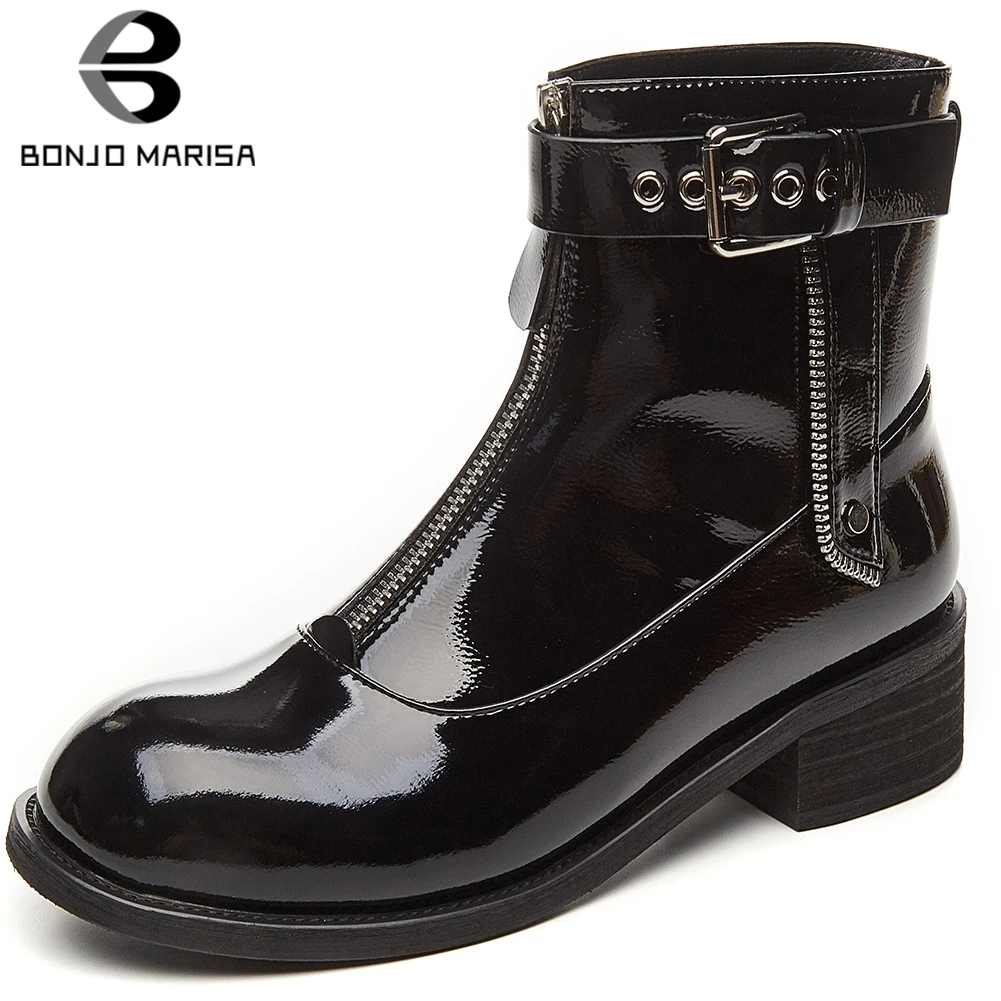 

BONJOMARISA New 33-42 Brand Quality Patent Genuine Leather Ankle Boots Women 2020 Fashion Zipper Boots Ladies Date Shoes Woman