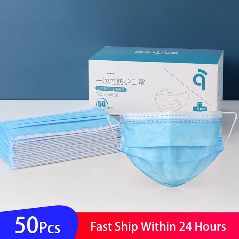 

50 Pcs Face Mask Anti Dust Mouth Masks Filter Mascarillas filter Disposable 3 Ply Protection Mask Respirator Care 100 Pcs